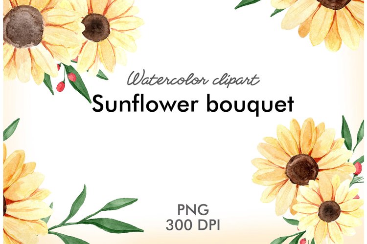 Watercolor sunflower bouquets with greenery clipart example image 1