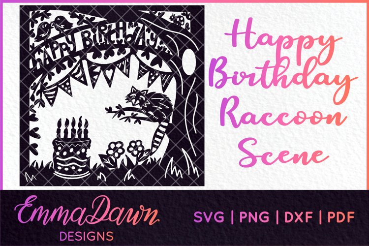 HAPPY BIRTHDAY SVG RACCOON CAKE SCENE DESIGN example image 1