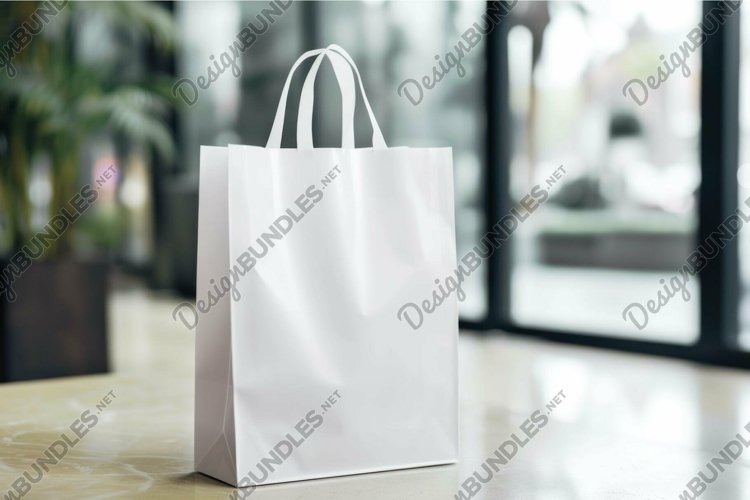 Blank white shopping bag on a modern store counter