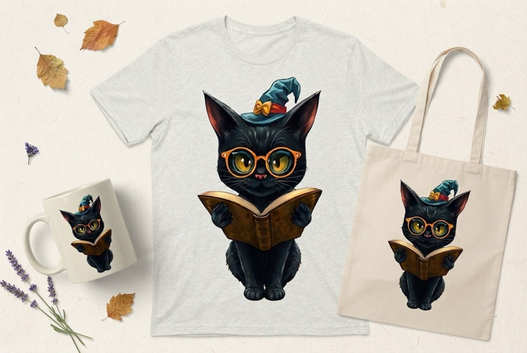 Black Cat Reading Book PNG | Cute Halloween Witch Clipart