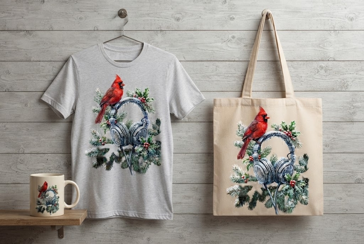 Red Cardinal Bird on Icy Headphones Christmas Art
