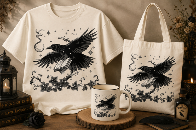 Gothic Raven Book PNG | Black Crow Moon Halloween Clipart