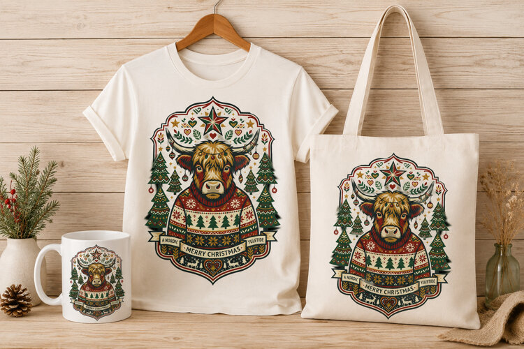 Nordic Highland Cow Christmas Sweater Holiday Art PNG example image 1