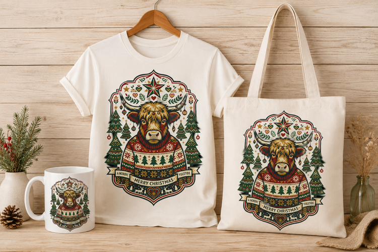 Nordic Highland Cow Christmas Sweater Holiday Art PNG