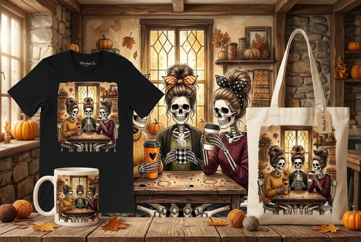 Spooky Skeleton Besties Fall Coffee PNG Halloween Design