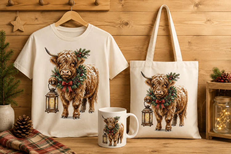 Christmas Highland Cow with Lantern Winter Holiday Art