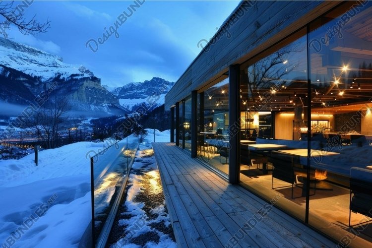 Modern mountain retreat at dusk