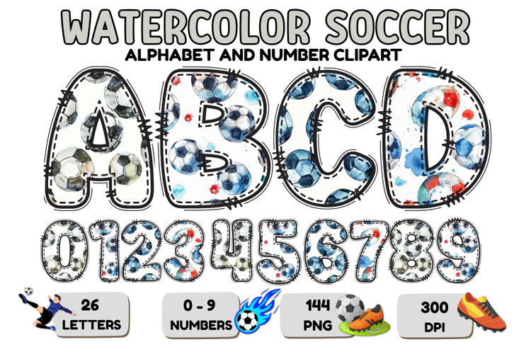 Watercolor Soccer Alphabert Numbers PNG Clipart 300DPI