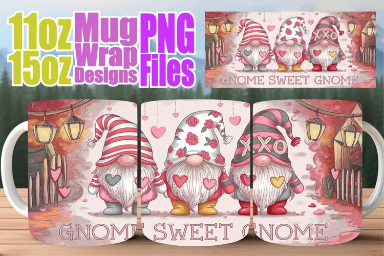 Cheerful sunsets sublimation mug wrap, Love Gnome