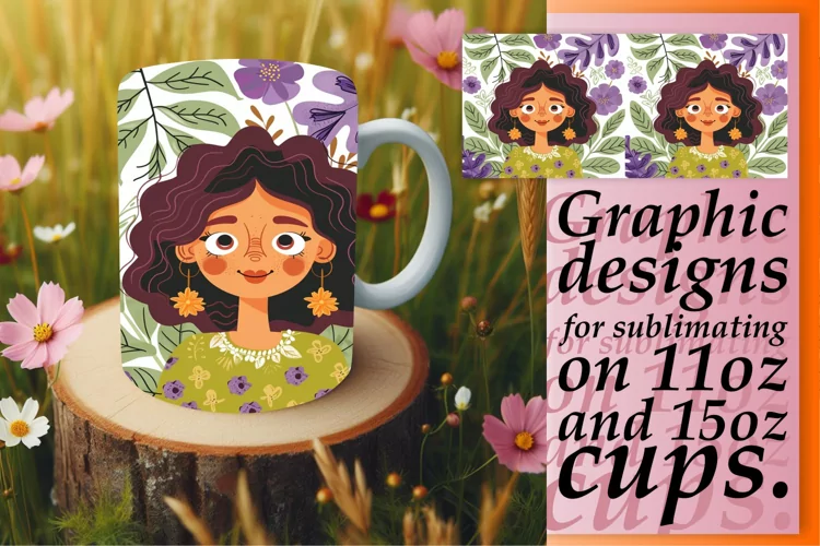 Watercolor Portrait Mug Wrap with Flowers 11oz/15oz