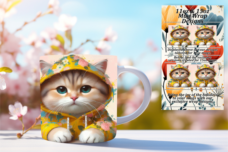 Sophisticated 15oz Mug Wrap Png Design , Cute Cat