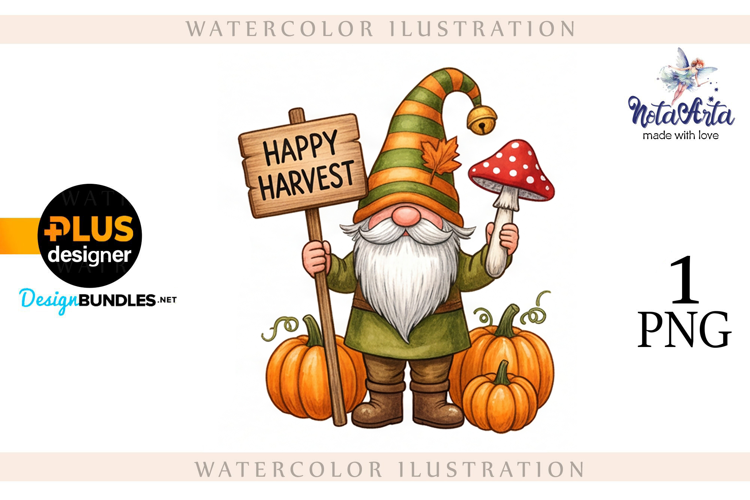 Gnomes with Pumpkin Harvest in Watercolor Style