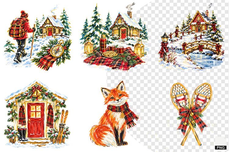 Plaid Cottage Christmas Clipart example image 1