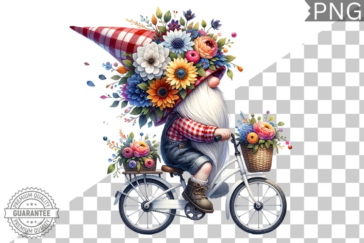 Floral Crown Gnome Rides A Bike Sublimation Clipart Design
