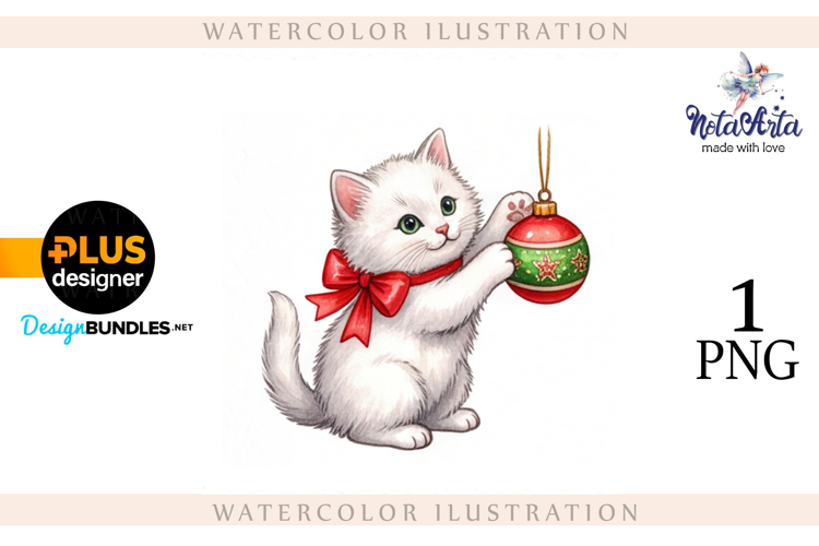 Christmas Kitten in Watercolor Style