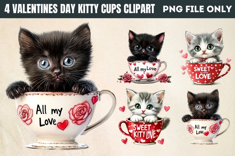 Valentines Day Kitty Cups Clipart PNG