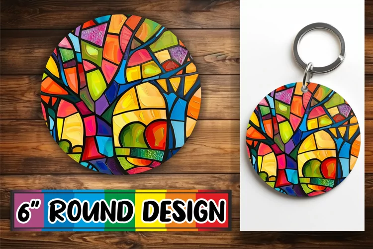 Stained Glass Tree Keychain Colorful Round Design Sublimatio