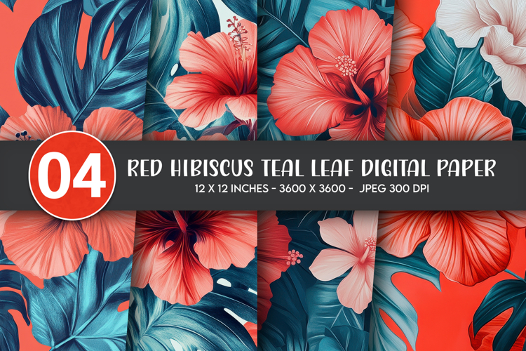 Red Hibiscus Teal Leaf Digital Paper