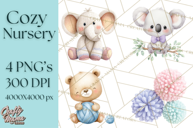 Knitted Nursery Animal Clipart PNG, Cozy Watercolor Baby Fox
