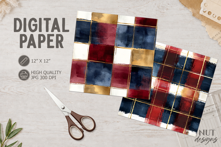 Patriotic Navy Plaid Digital Paper watercolor plaid patterns