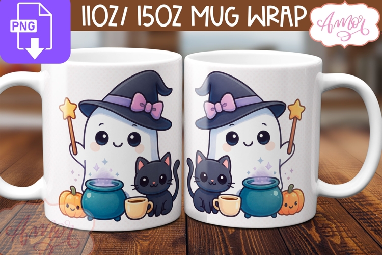 Cute Halloween mug wrap PNG, Cute Witch Ghost mug template