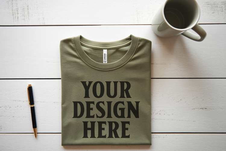Heather Olive Bella Canvas 3001 Flat Lay T-Shirt Mockup