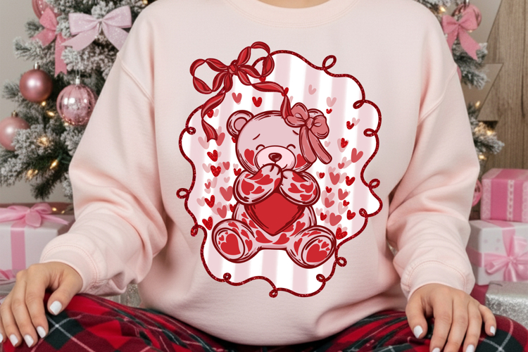 Coquette Valentine Bear Png, Heart Bear Png, Red Bow Love