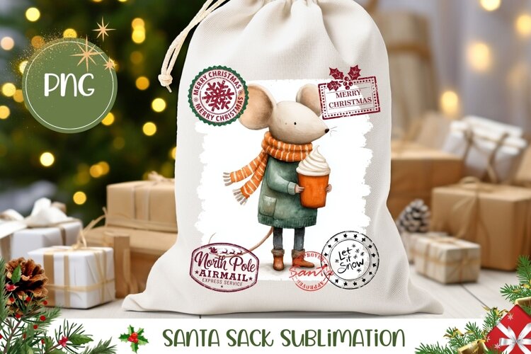 Christmas Mouse Santa Sack Print, Winter Mouse Gift Bag example image 1