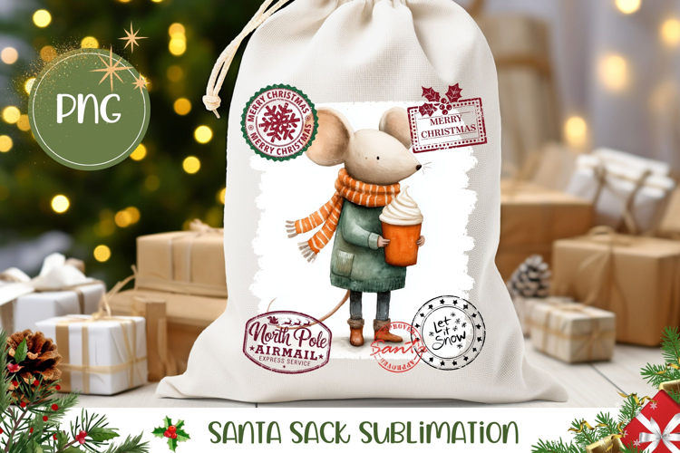 Christmas Mouse Santa Sack Print, Winter Mouse Gift Bag