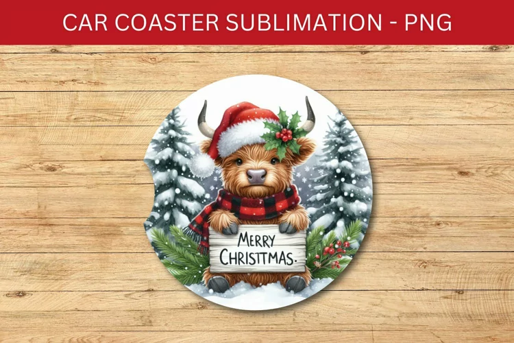 rounded car coaster - highland cow