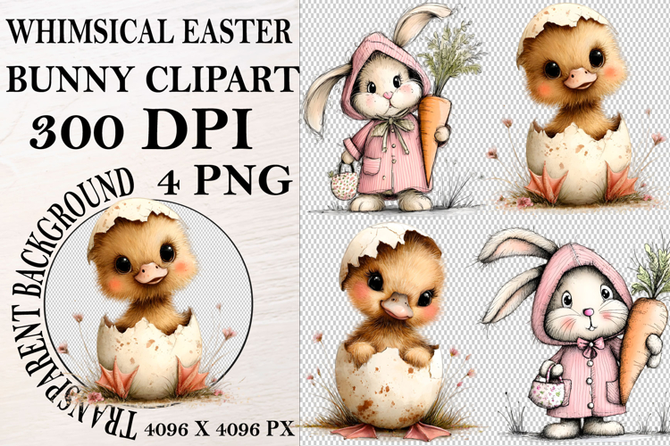 Whimsical Bunny Easter Clipart, Watercolor Easter Bunny PNG