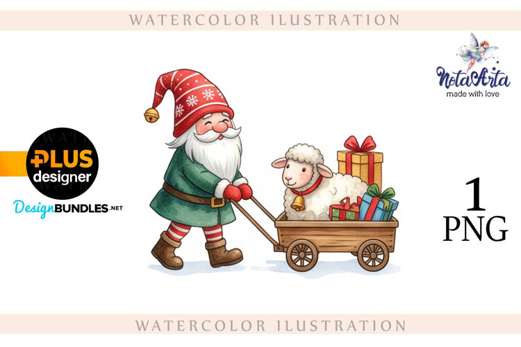Christmas Gnome Santa with a Sheep in Watercolor Style example image 1