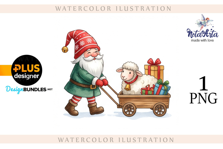 Christmas Gnome Santa with a Sheep in Watercolor Style