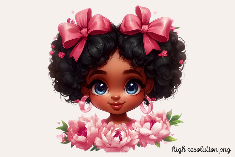 Cute Black Girl with Flower Clipart PNG
