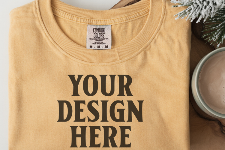 Mustard Comfort Colors 1717 Christmas Folded T-Shirt Mockup