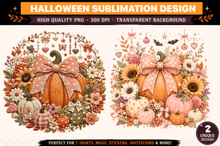 Coquette Pumpkin PNG, Floral Pumpkin PNG, Pink Bow Pumpkin