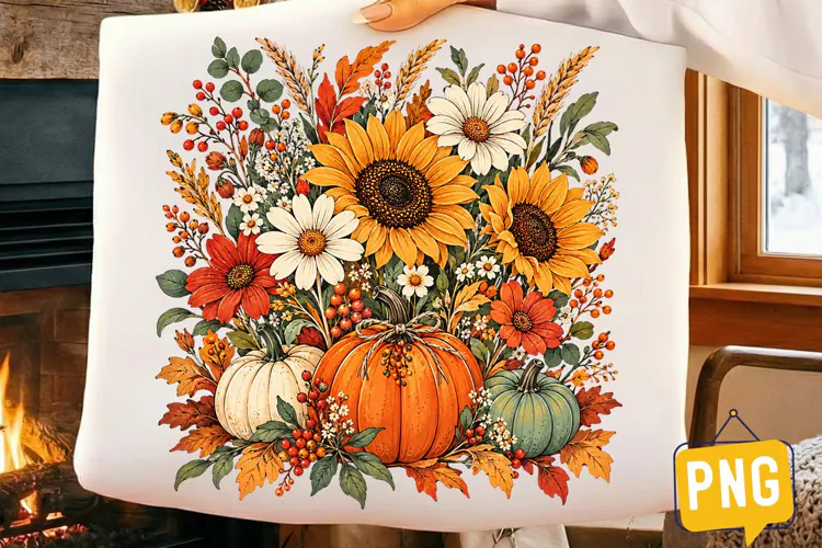 Sunflower Pumpkin Fall PNG, Autumn Floral Pumpkin Harvest Su