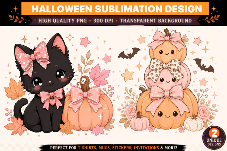Coquette Halloween PNG |Cute Black Cat & Pink Pumpkin png