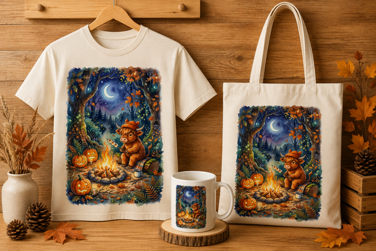 Cozy Highland Cow Roasting Marshmallow Watercolor Art