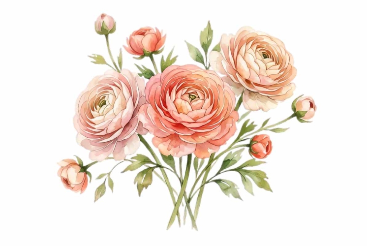 Watercolor soft peony bouquet with green leaves