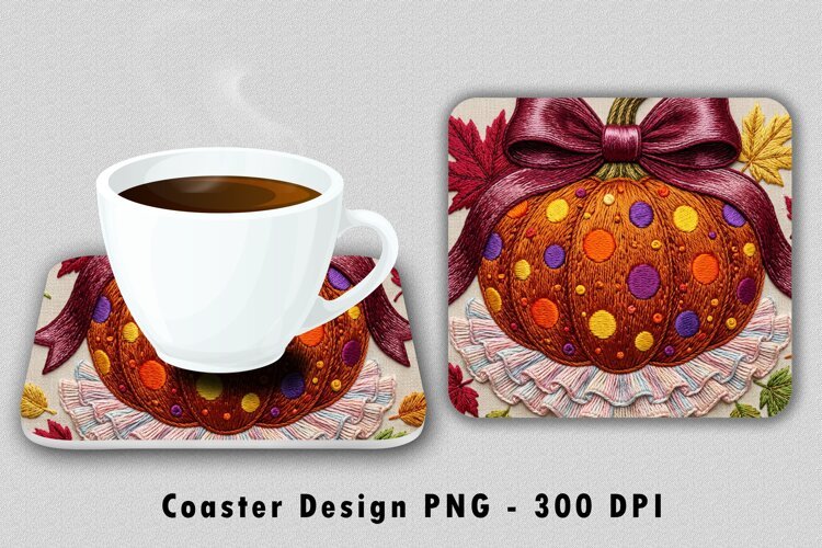 Embroidered Pumpkin Coaster PNG Sublimation Design Graphic example image 1