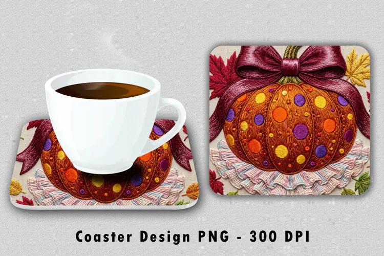 Embroidered Pumpkin Coaster PNG Sublimation Design Graphic