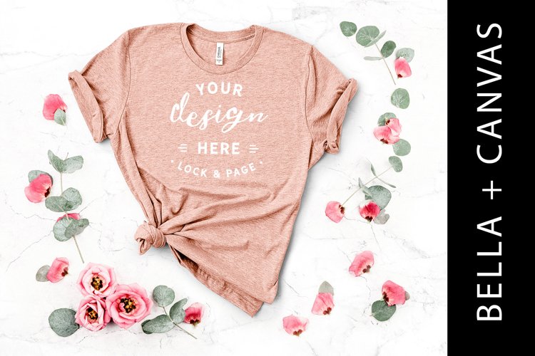 Heather Peach Bella Canvas 3001 T-Shirt Mockup Floral Setup example image 1