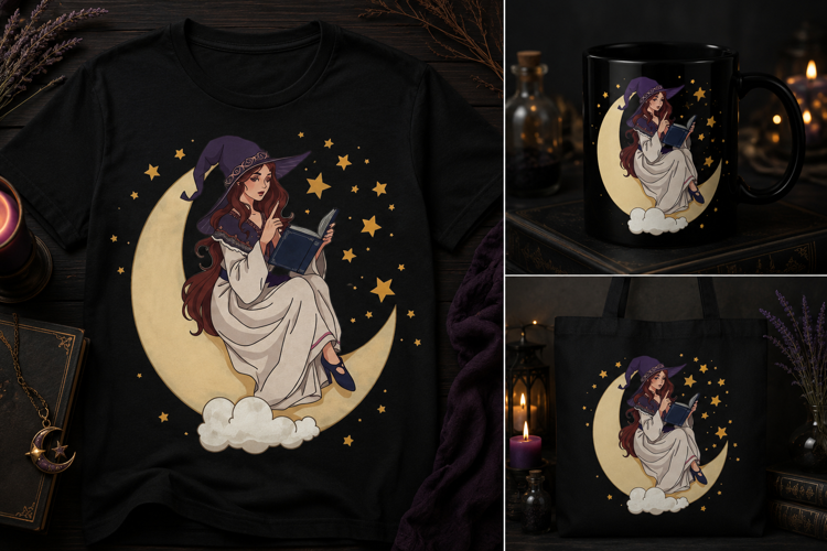 Witch Moon PNG | Magical Girl Reading Book Celestial Clipart