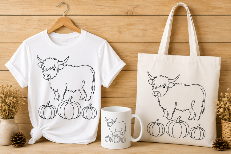 Highland Cow with Pumpkins Autumn Line Art Coloring Page PNG