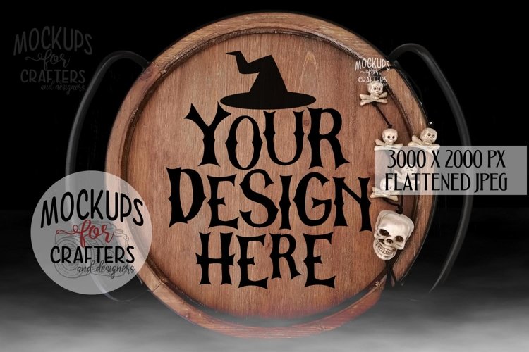 Round Wood Tray, Halloween, Black background & fog, Mock-Up example image 1