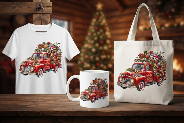Christmas Delivery Red Pickup Truck Design