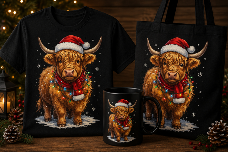 Christmas Highland Cow PNG with Santa Hat & Lights Design
