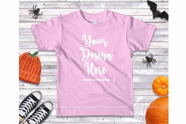 Halloween Fall Pink Kids Shirt Mockup Girls Flat Lay example image 1