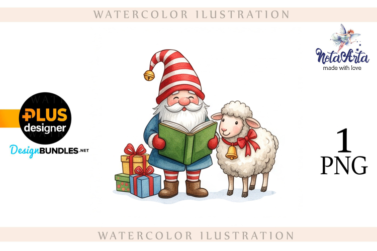 Christmas Gnome Santa with a Sheep in Watercolor Style